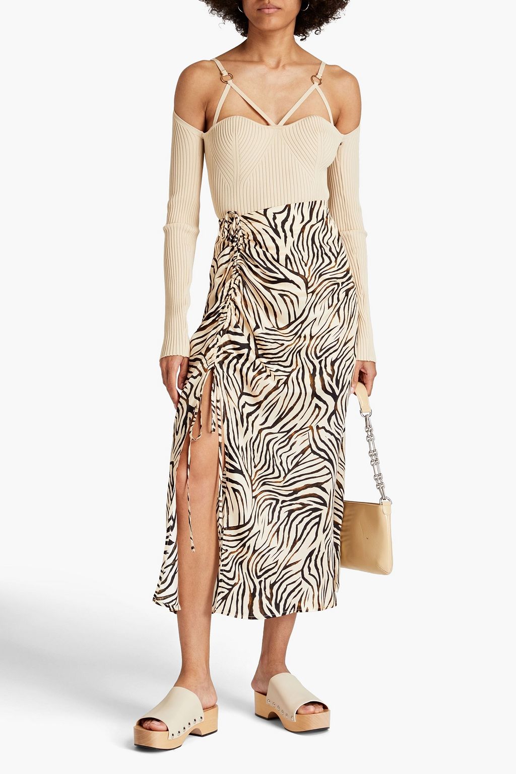 NICHOLAS Ruched zebra-print satin midi skirt