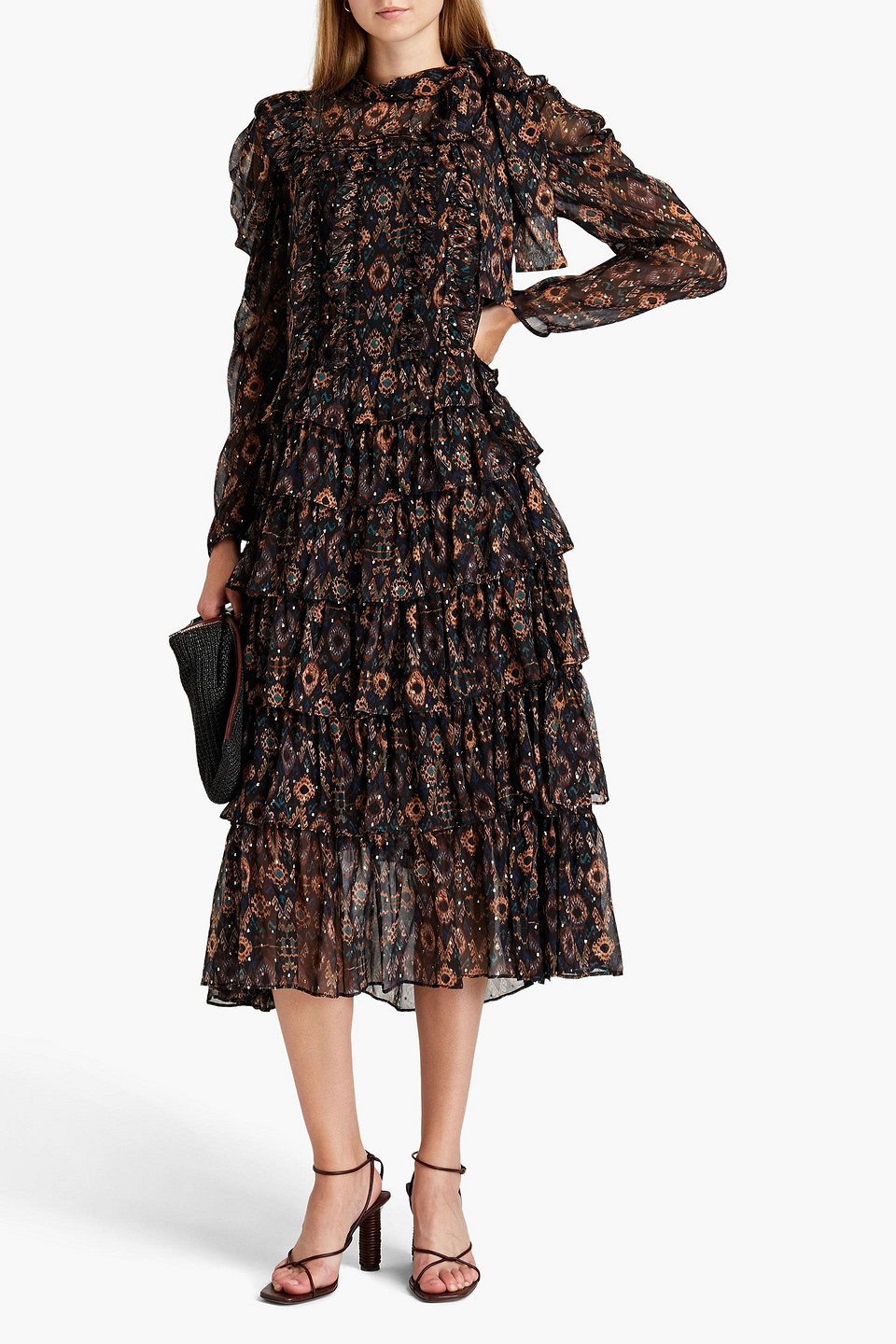 Ulla Johnson Azra Tiered Printed Silk-blend Chiffon Midi Dress In Black