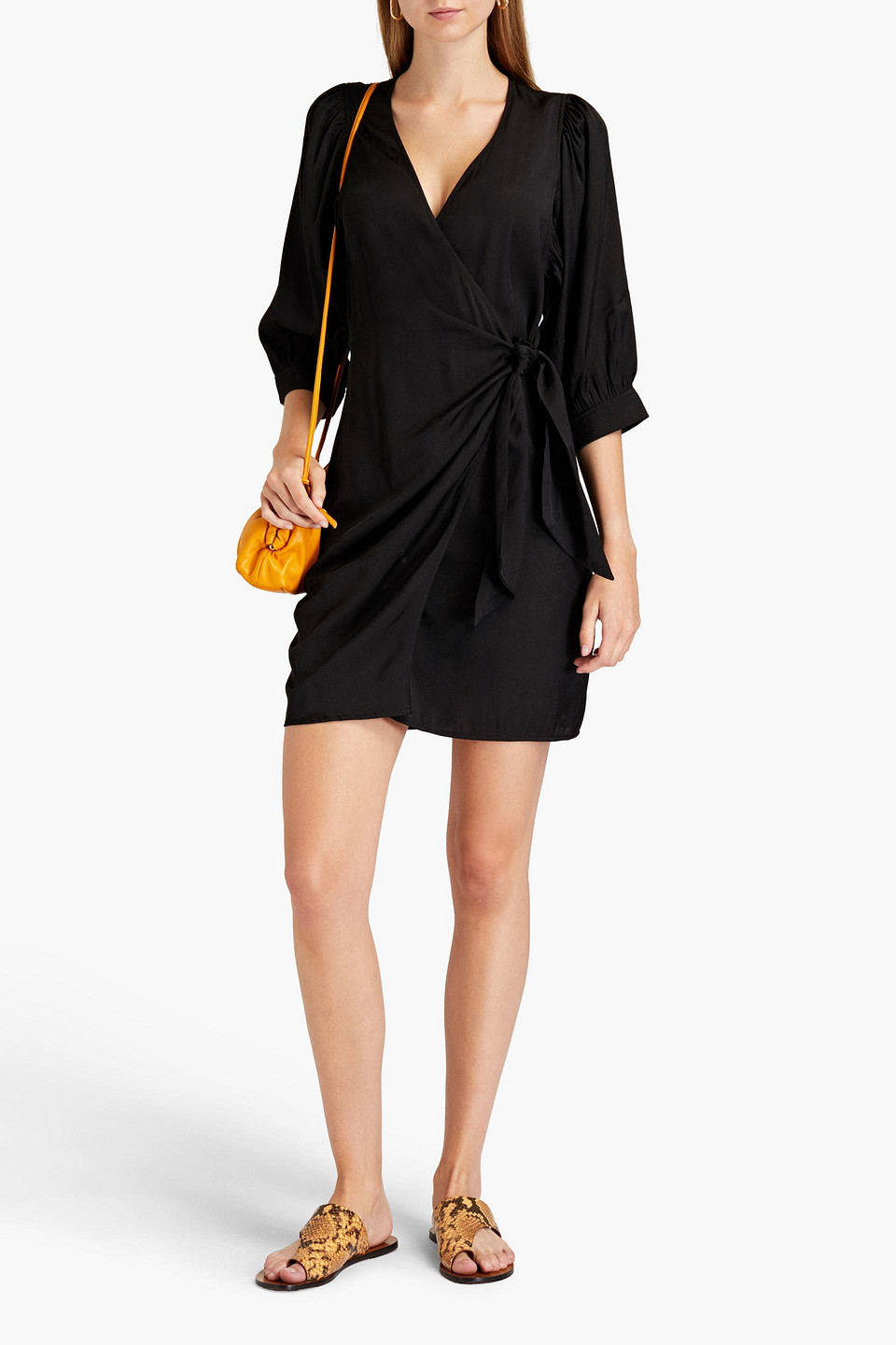 Samsoe & Samsoe Celestina Gathered Jacquard Mini Wrap Dress In Black