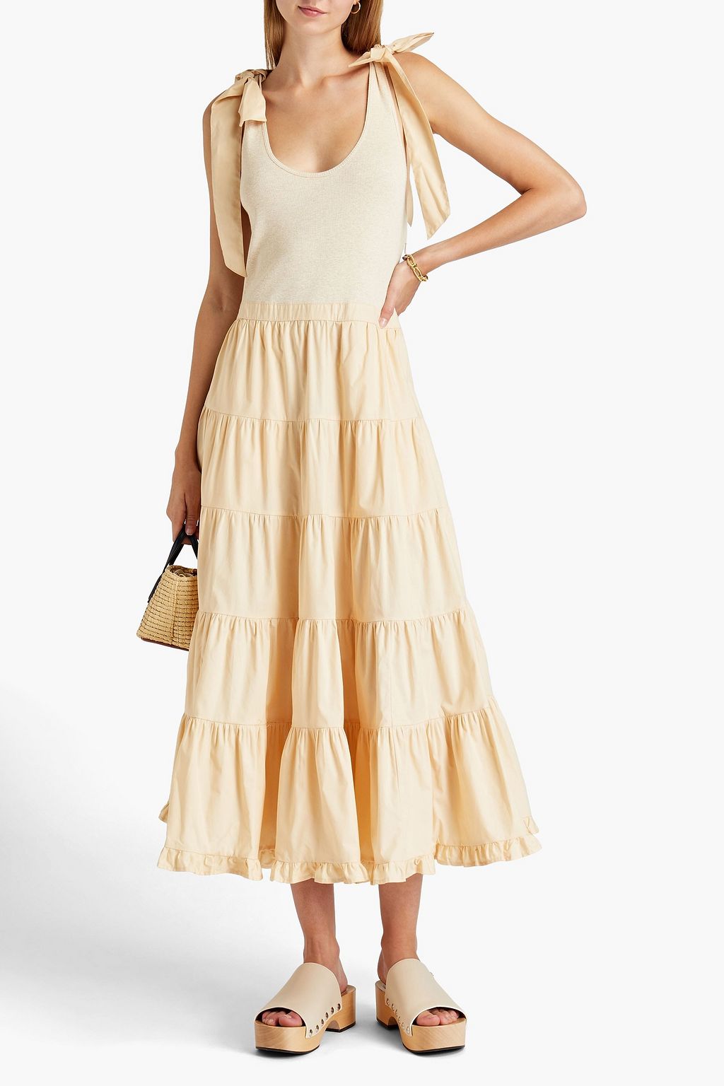 ULLA JOHNSON Hope tiered ribbedknit paneled cottonpoplin midi dress