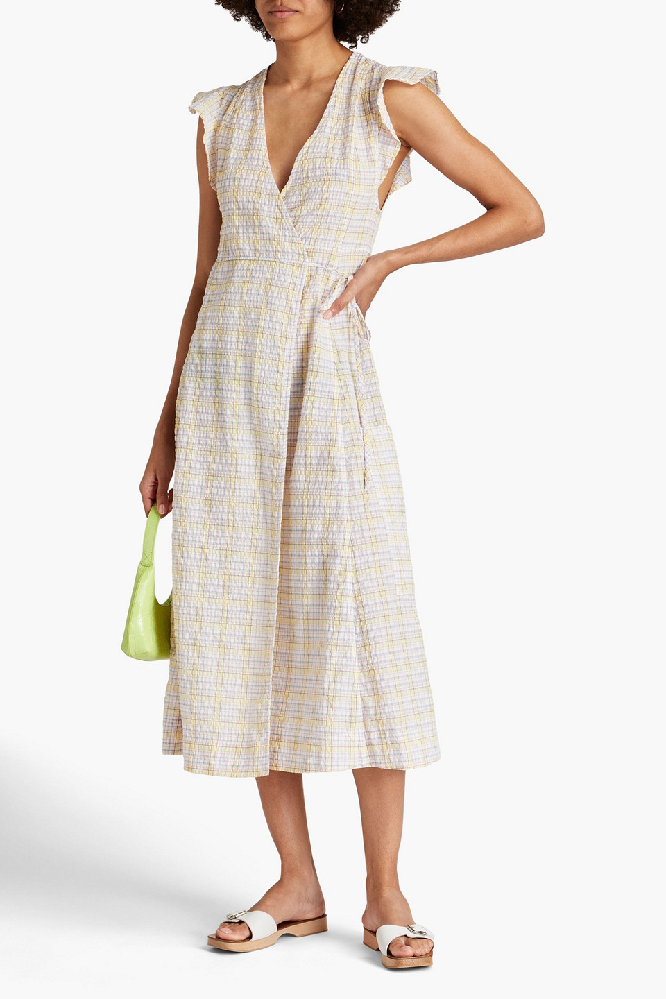 GANNI CHECKED COTTON-BLEND SEERSUCKER MIDI WRAP DRESS,3074457345633851636