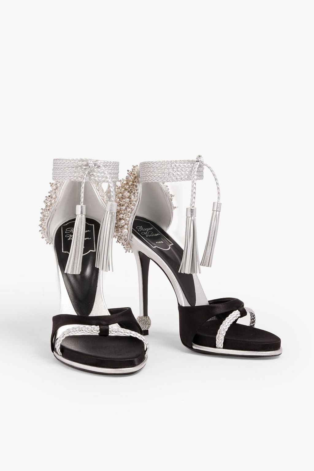 ROGER VIVIER صندل من الساتان والجلد المزيّن بلون ميتاليك