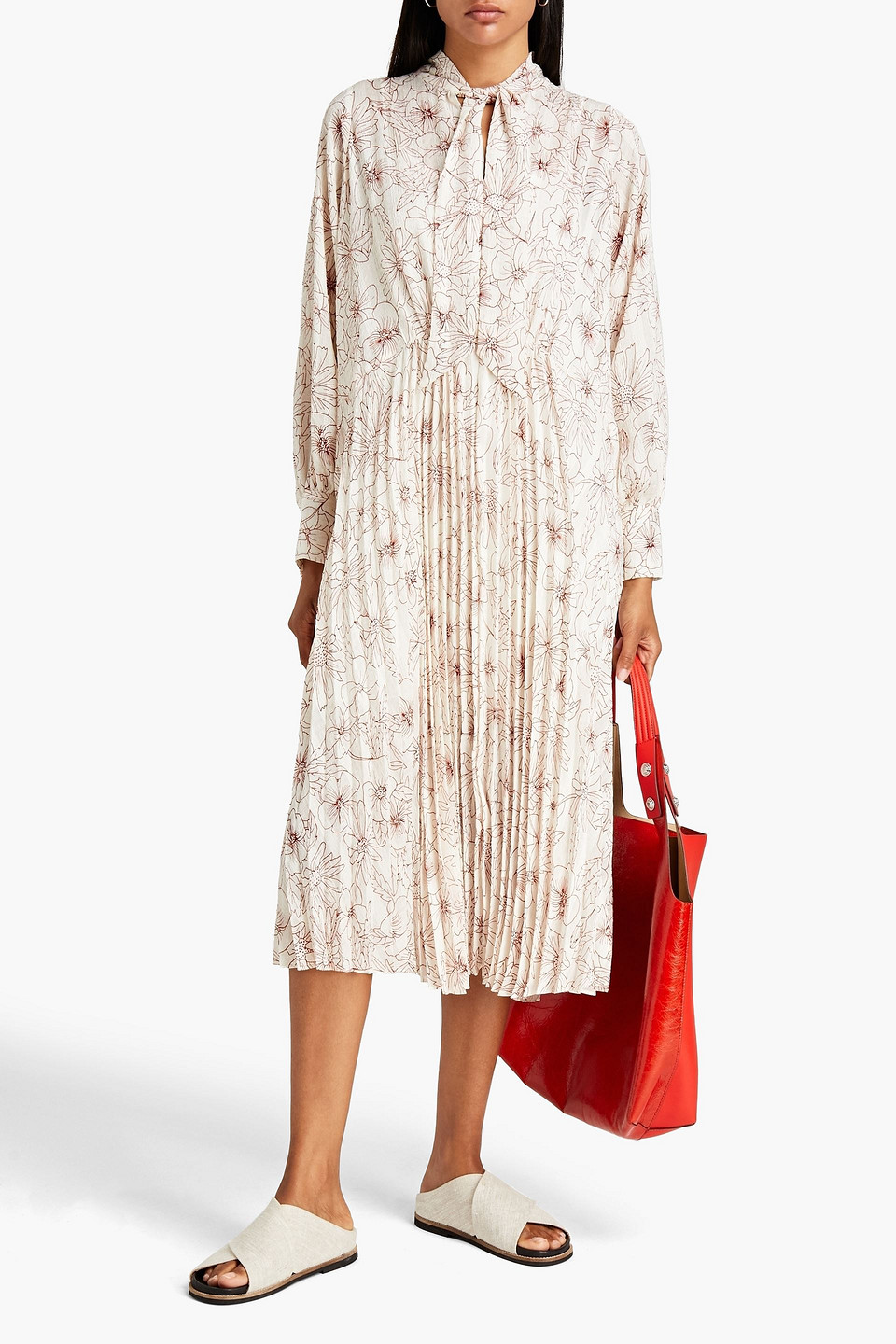 Samsoe & Samsoe Oversized Pleated Floral-print Midi Dress In White