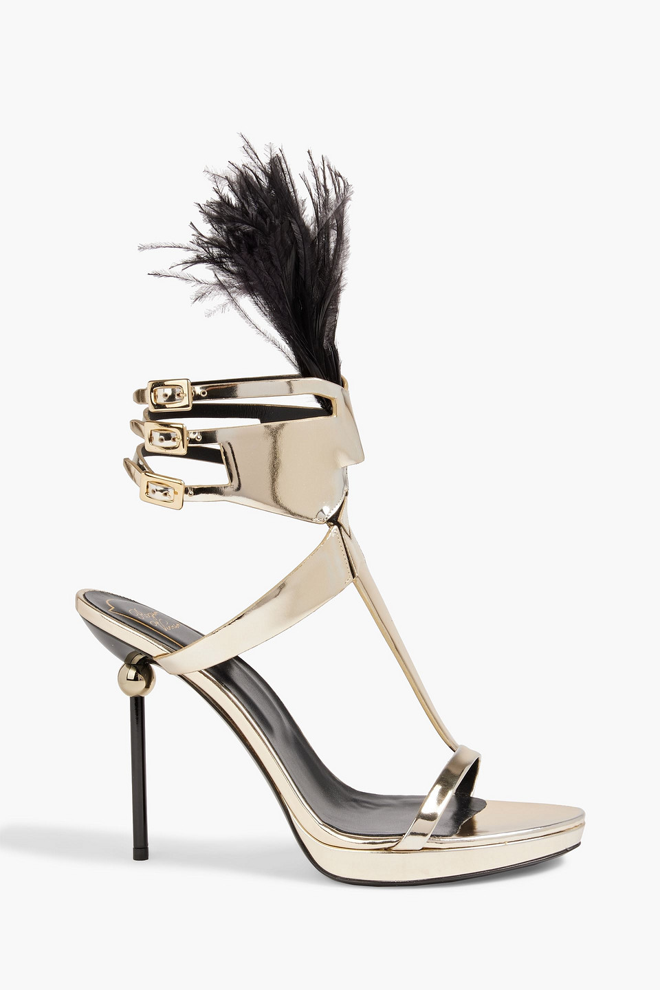 Feather-embellished mirrored-leather platform sandals