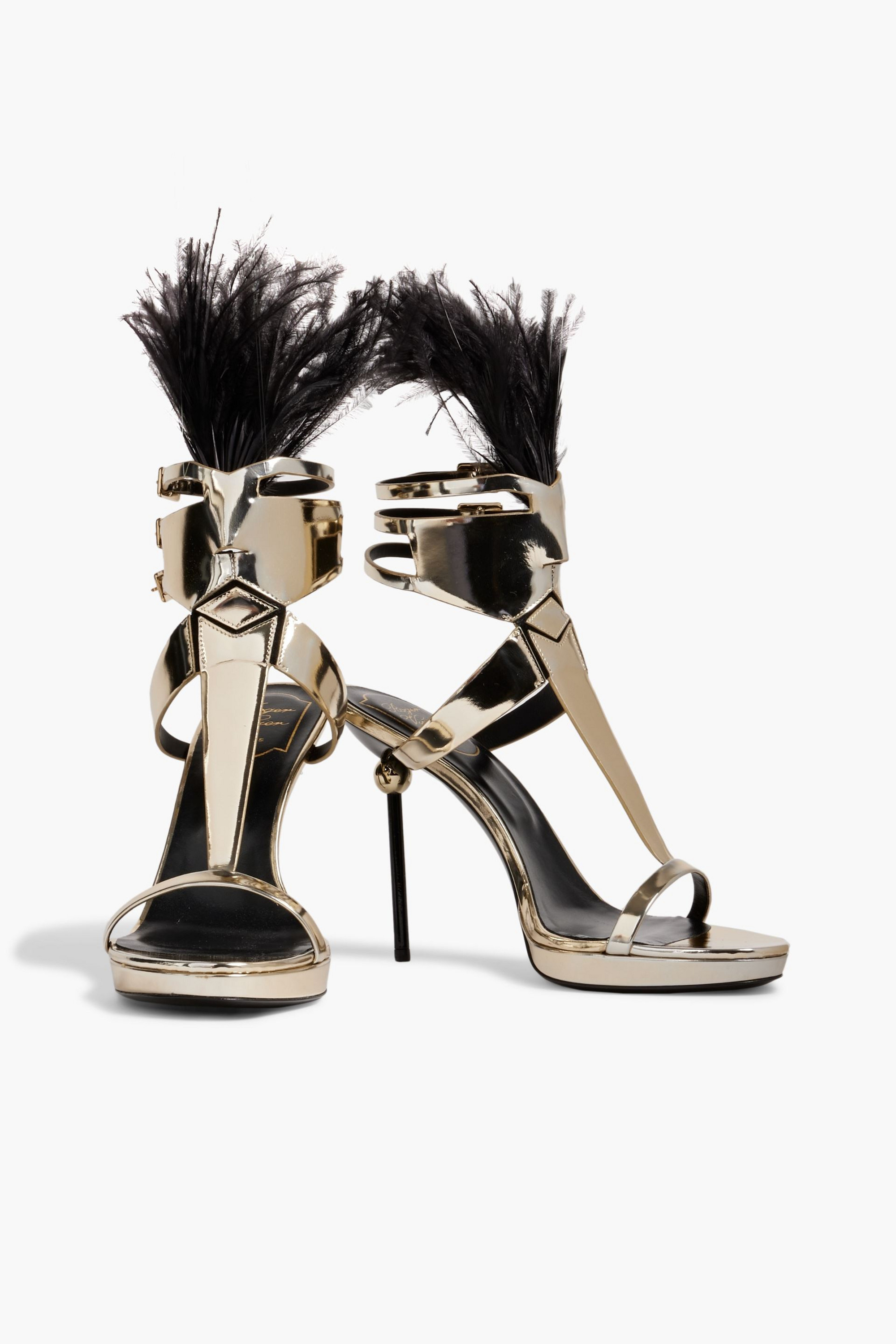 ROGER VIVIER Feather-embellished mirrored-leather platform sandals