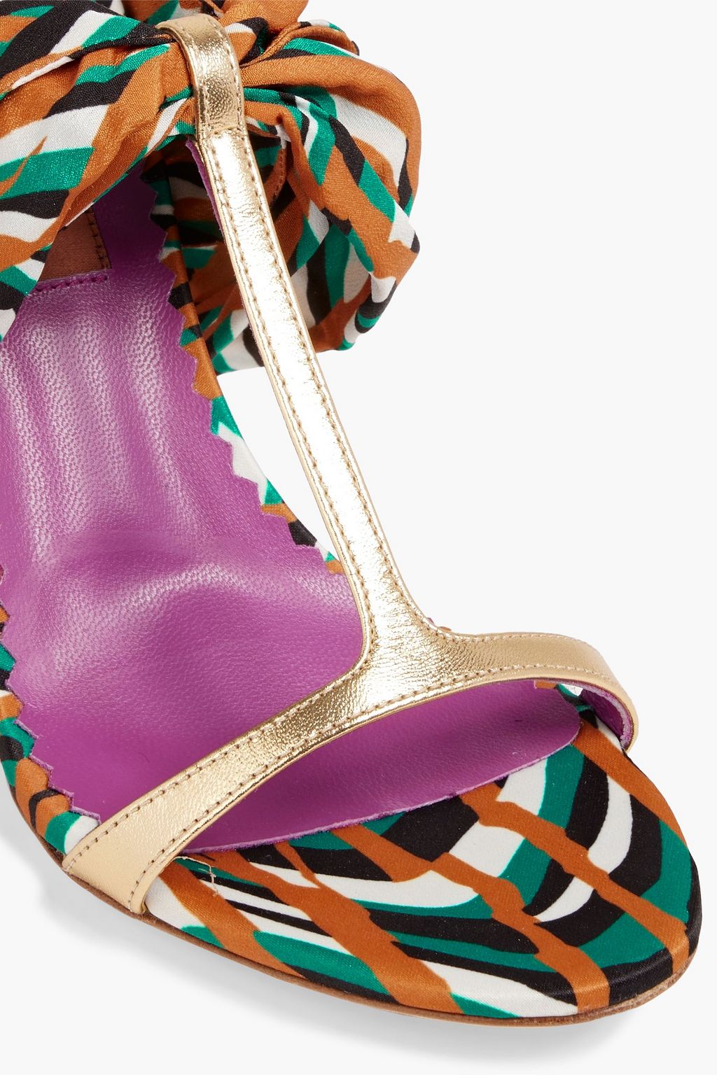MISSONI Metallic leather-trimmed printed crepe de chine sandals