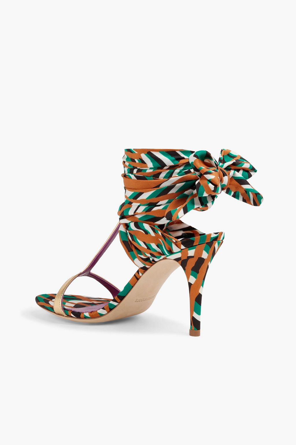 MISSONI Metallic leather-trimmed printed crepe de chine sandals