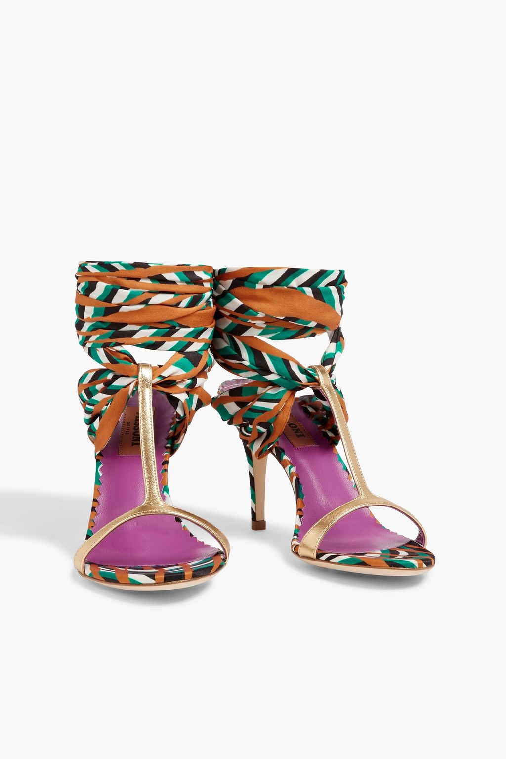 MISSONI Metallic leather-trimmed printed crepe de chine sandals