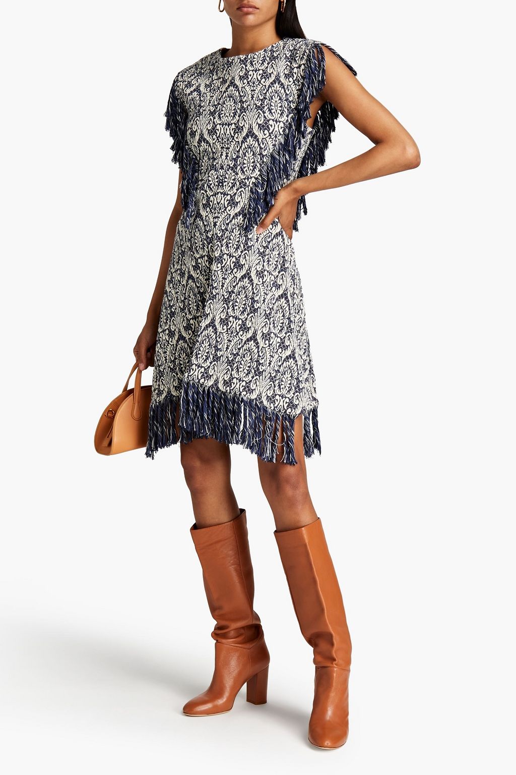 CHLOÉ Fringed two-tone cotton-blend tweed dress