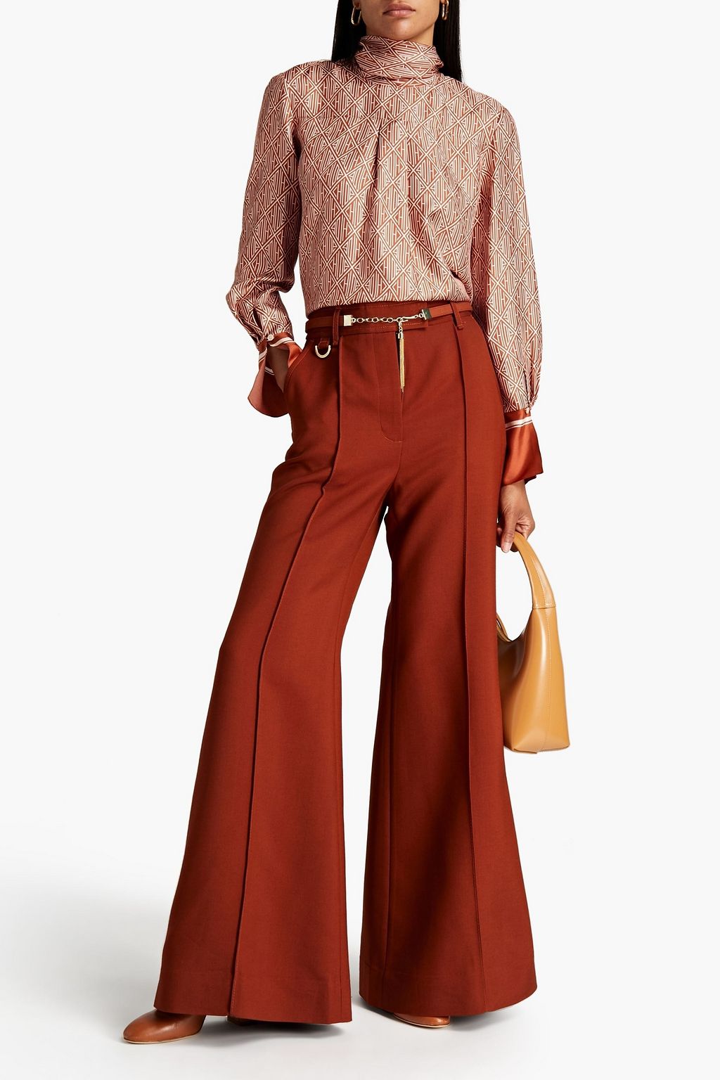 Light brown Pussy-bow logo-print silk-satin blouse | CHLOÉ | THE OUTNET