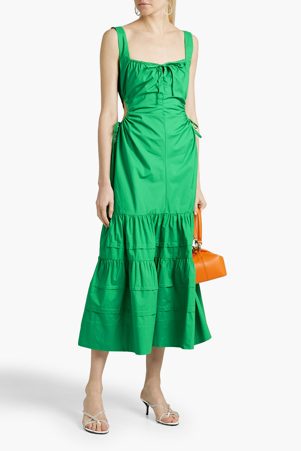 Nicholas Betty Cutout Gathered Cotton-poplin Midi Dress In Green
