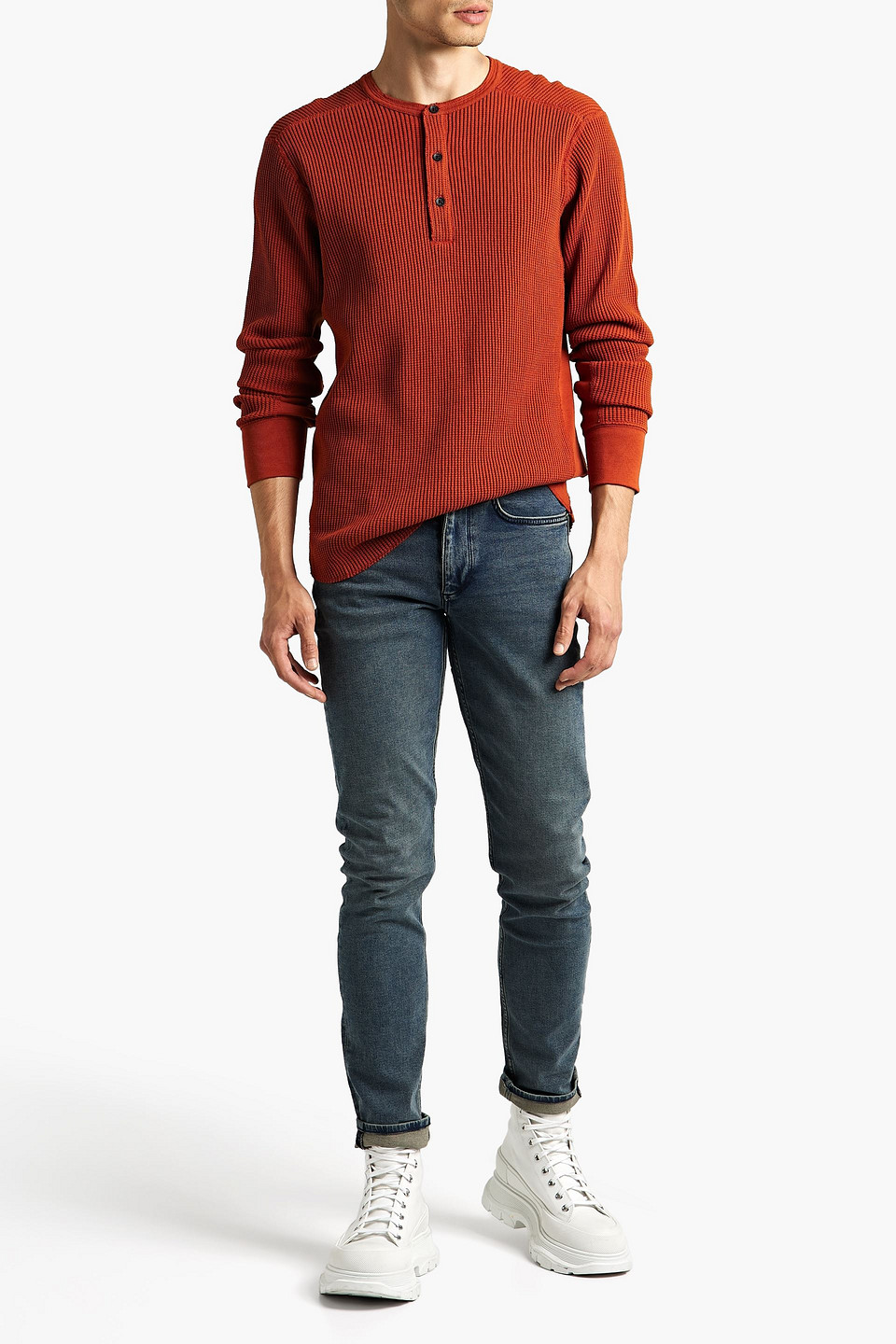 RAG & BONE DEVON PANELED WAFFLE-KNIT COTTON HENLEY T-SHIRT,3074457345631818138