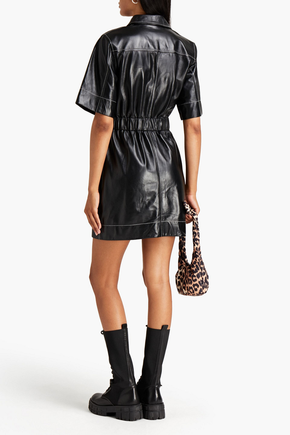 Shop Ganni Belted Leather Mini Shirt Dress In Black