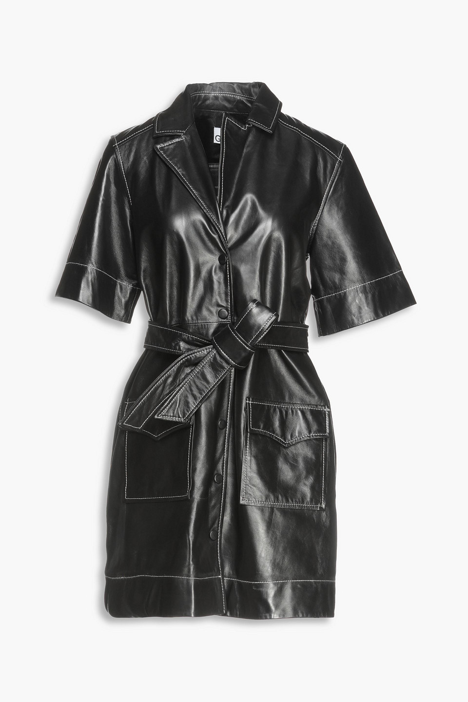 Shop Ganni Belted Leather Mini Shirt Dress In Black