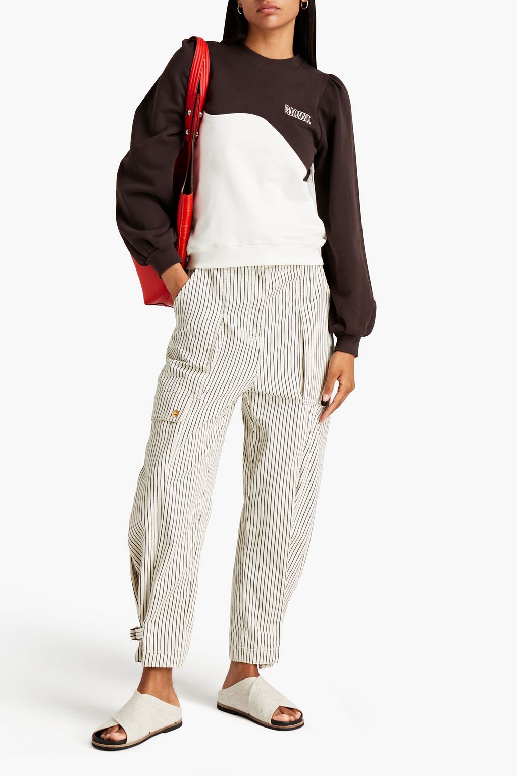 GANNI Embroidered two-tone organic cotton-fleece sweatshirt