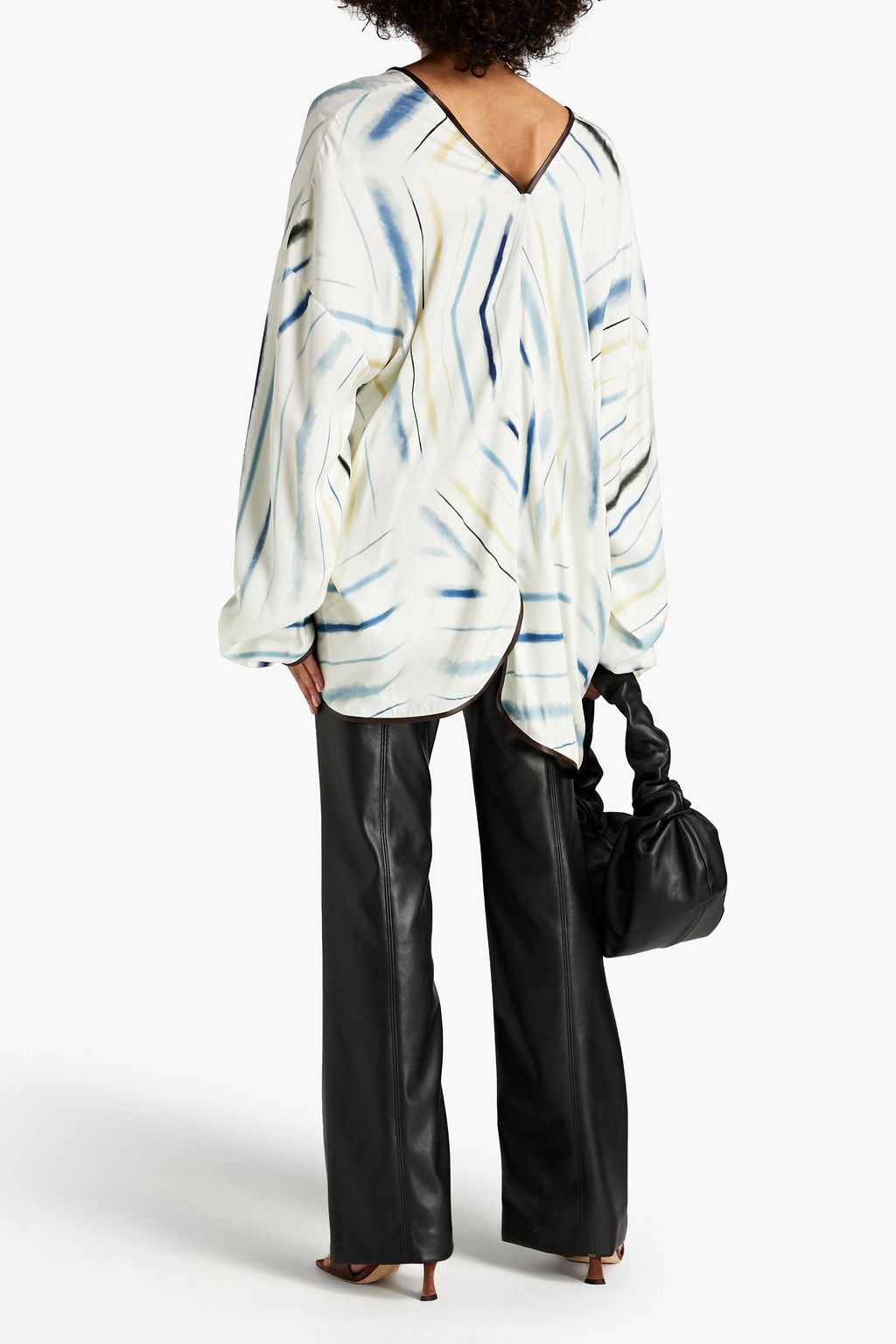 AMBUSH Oversized faux-leather trimmed printed satin blouse