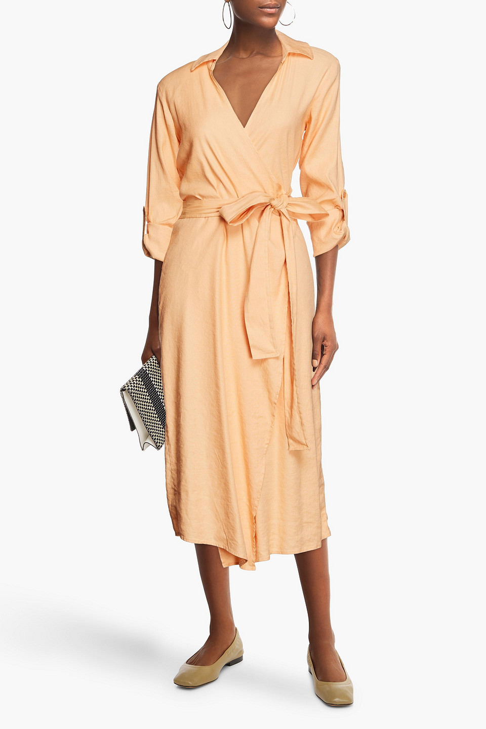 Monrow Linen-blend Midi Wrap Dress In Neutrals