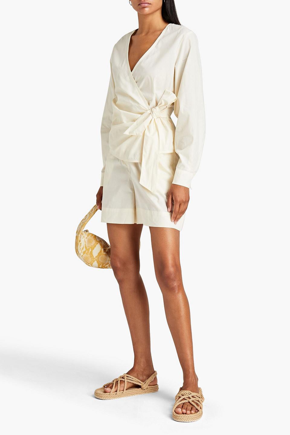 Samsoe & Samsoe Tie-front Organic Cotton Wrap Blouse In Neutrals