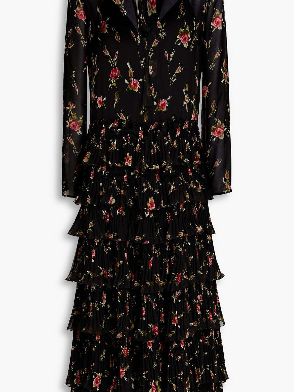pussy-bow tiered floral-print chiffon midi dress