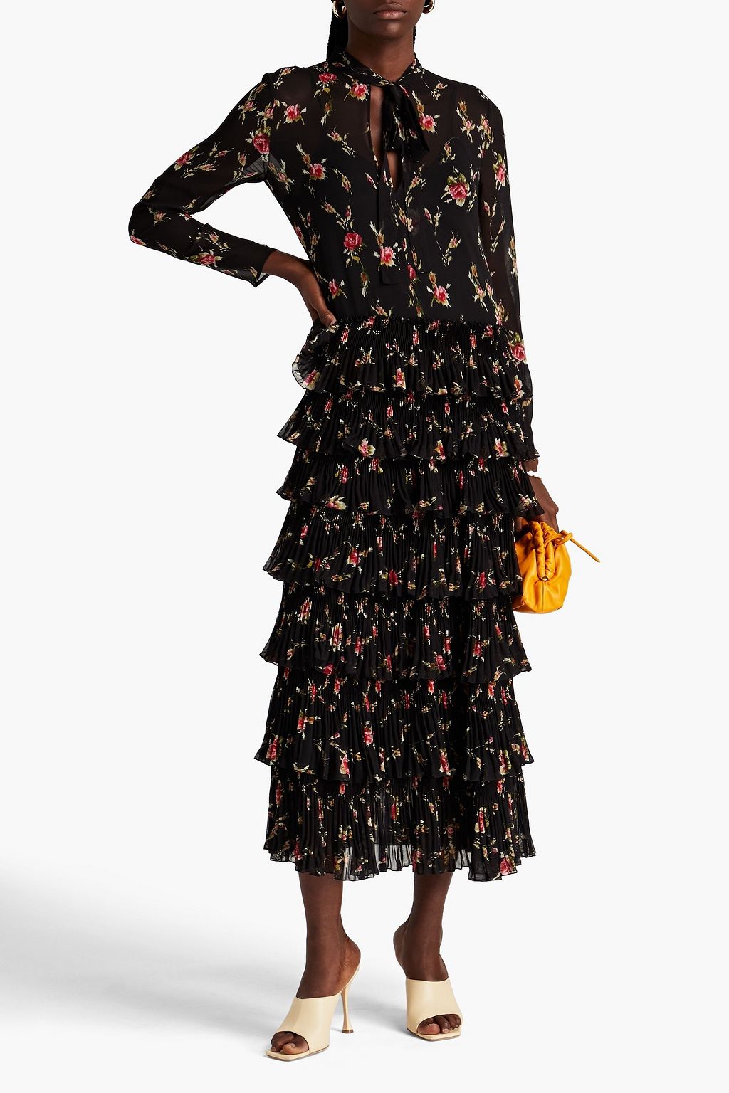 REDVALENTINO Pussy-bow tiered floral-print chiffon midi dress