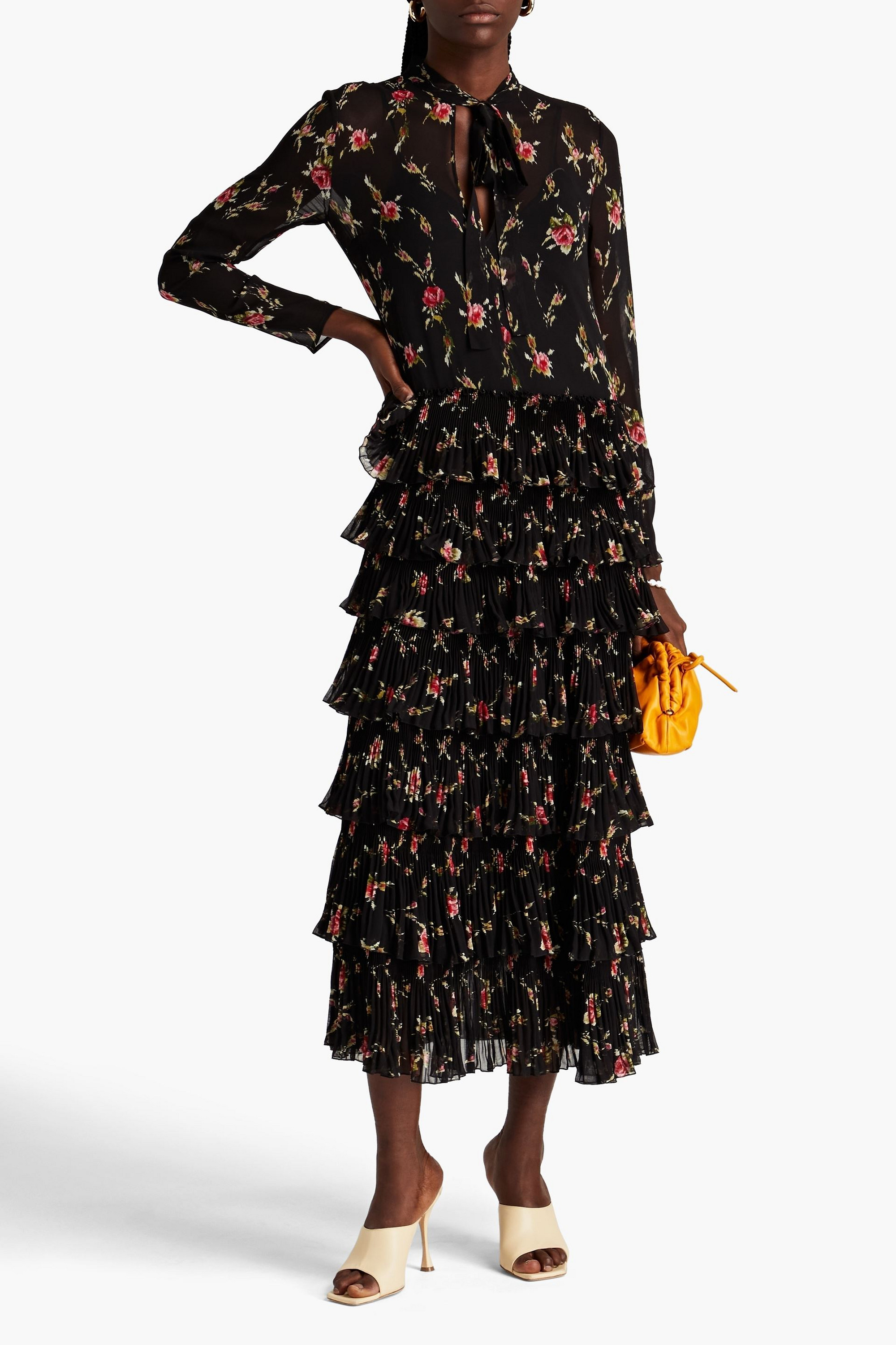 REDValentino Pussy-bow tiered floral-print chiffon midi dress