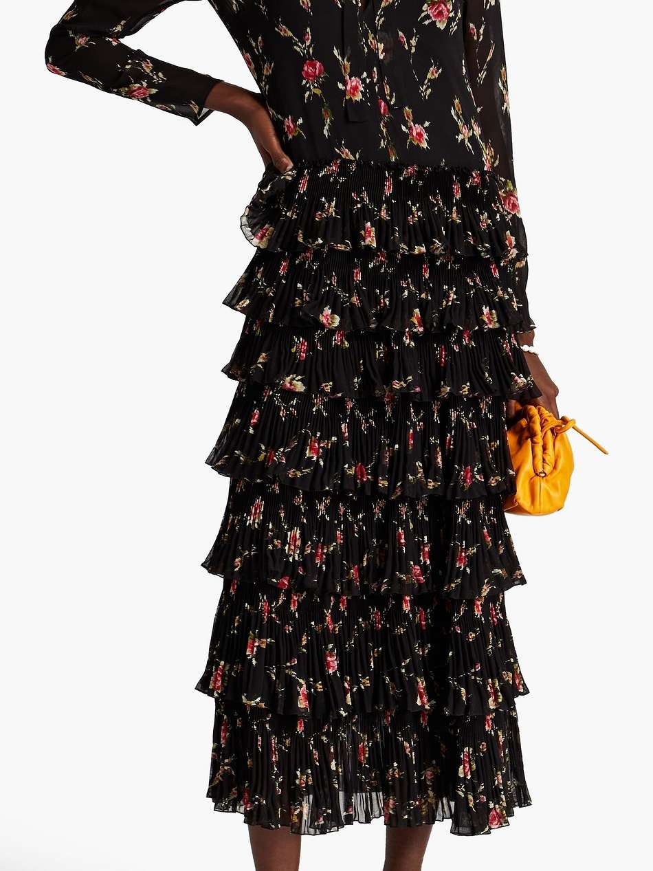 pussy-bow tiered floral-print chiffon midi dress