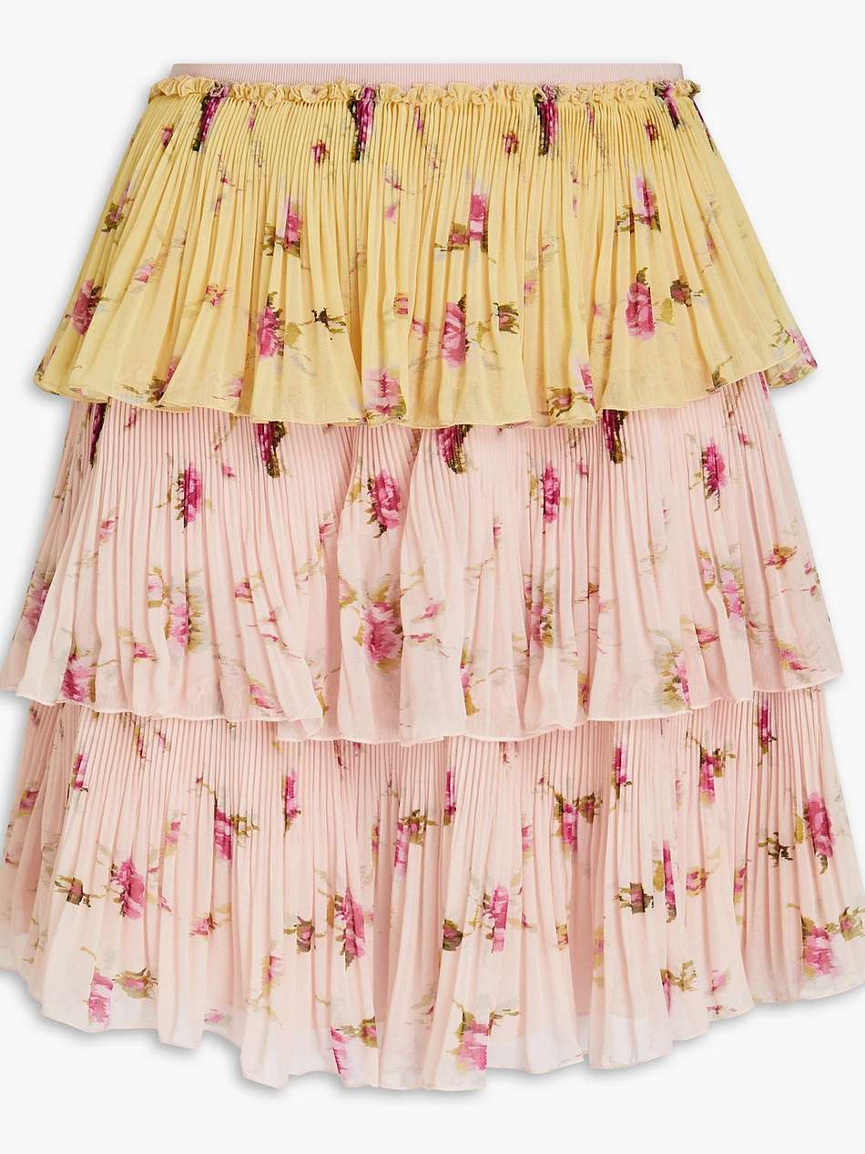 tiered pleated floral-print georgette mini skirt