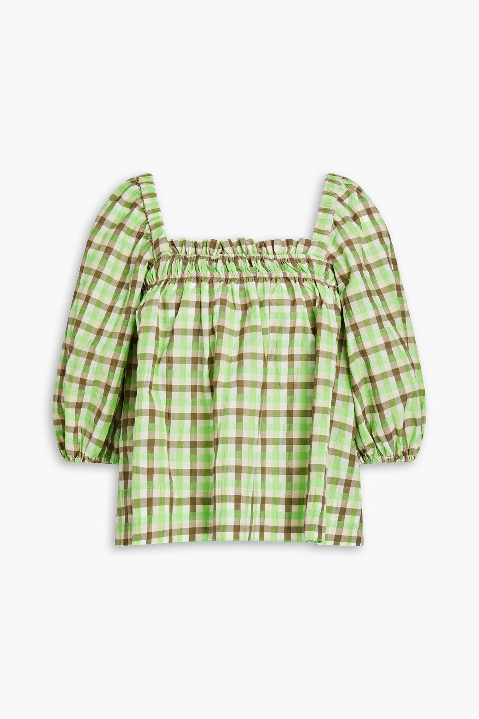 ganni - gathered checked organic cotton-blend blouse - green - eu 32