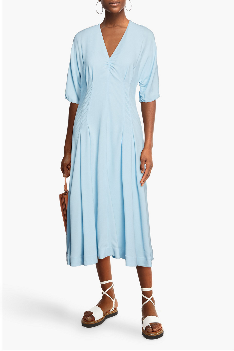3.1 Phillip Lim Pleated Ruched Satin-crepe Midi Dress In Light Blue