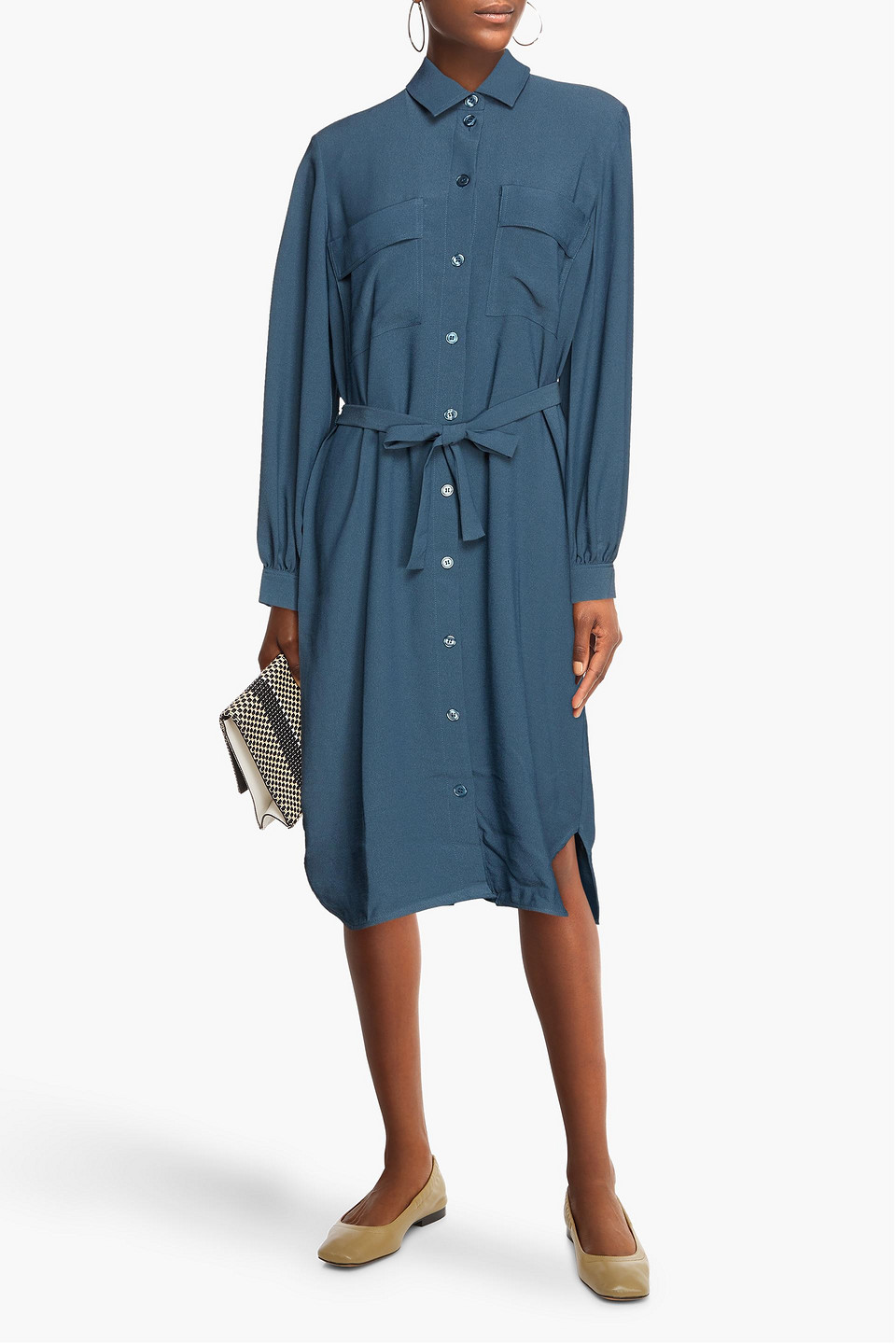 Samsoe & Samsoe Belted Crepe Midi Shirt Dress In Blue