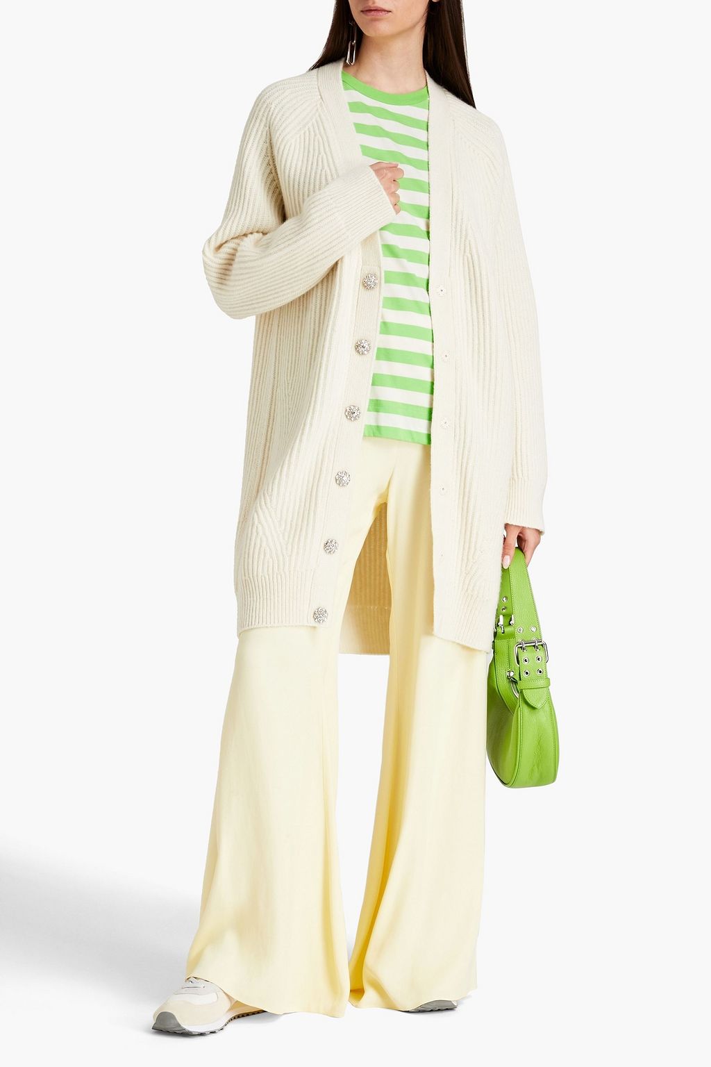 GANNI Crystal-embellished ribbed recycled wool-blend cardigan