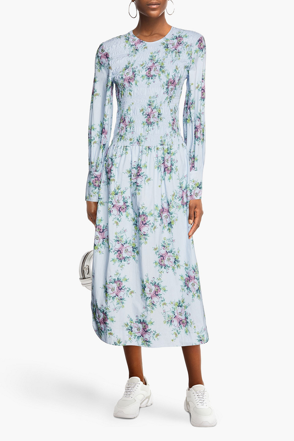 Ganni + Net Sustain Shirred Floral-print Organic Cotton-poplin Midi Dress In Light Blue