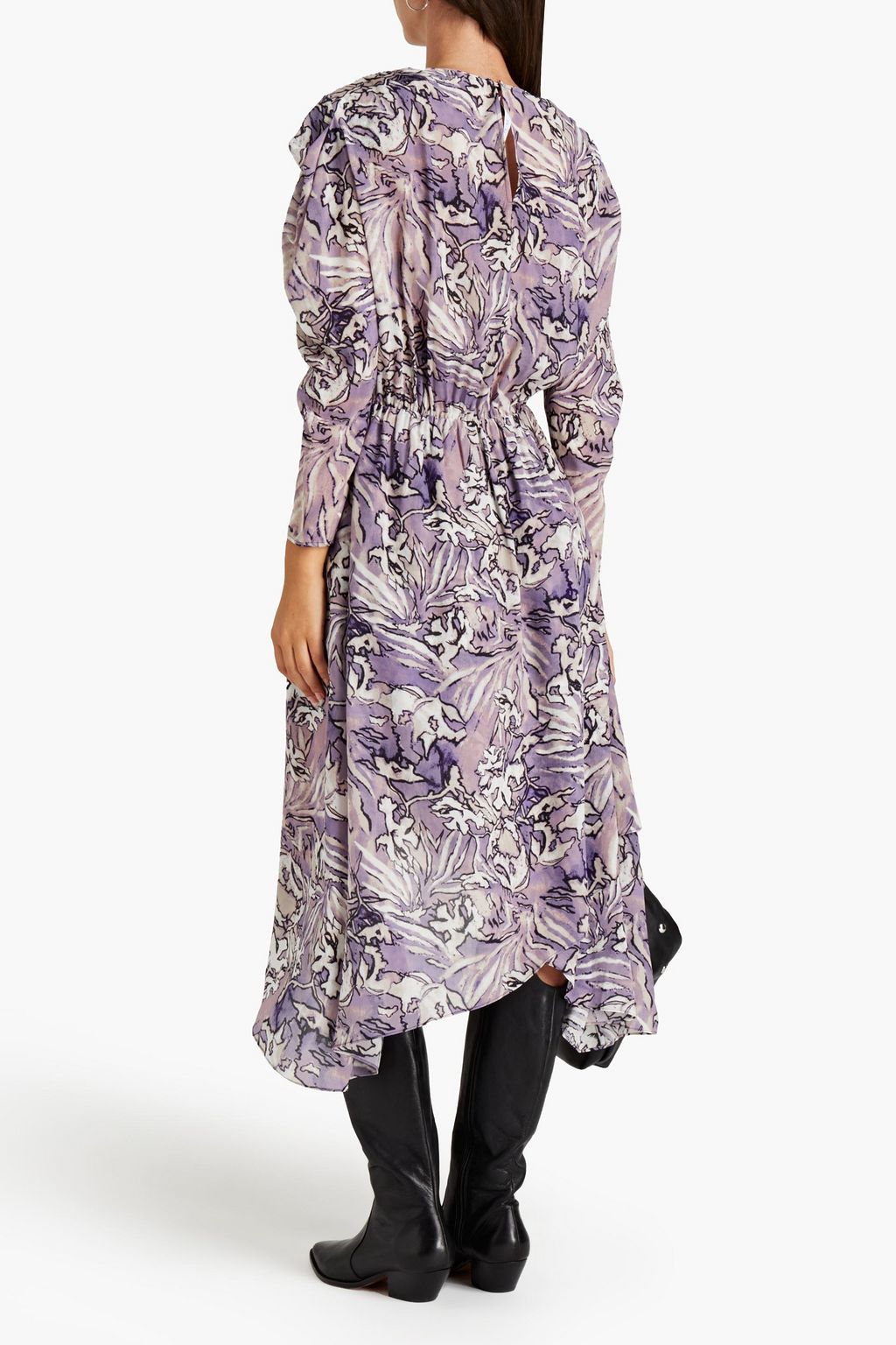IRO Asymmetric gathered printed silk crepe de chine midi dress