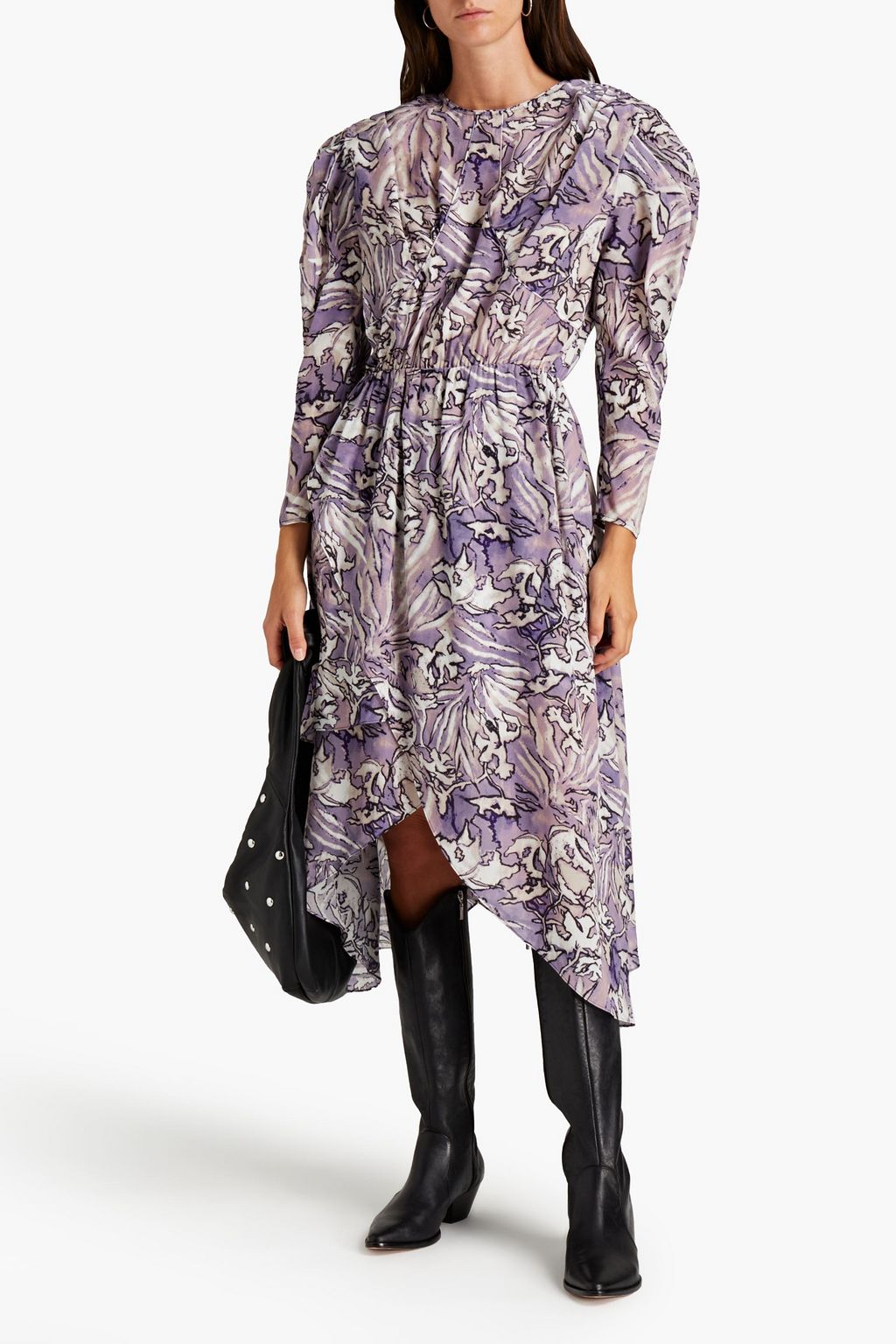 IRO Asymmetric gathered printed silk crepe de chine midi dress
