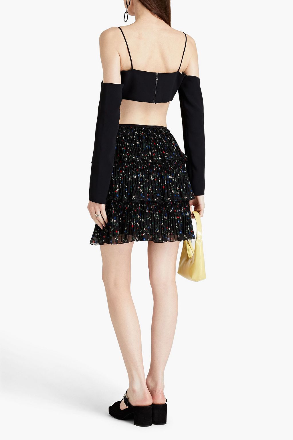 REDVALENTINO تنورة قصيرة من الجورجيت بتصميم مقسم مزينة بطبعات على شكل زهور وبكسرات