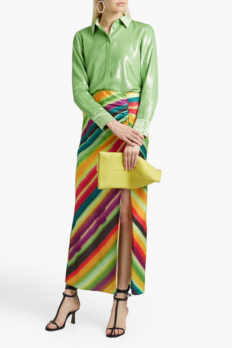 Alice And Olivia Willa Sequined Charmeuse Shirt In Light Green
