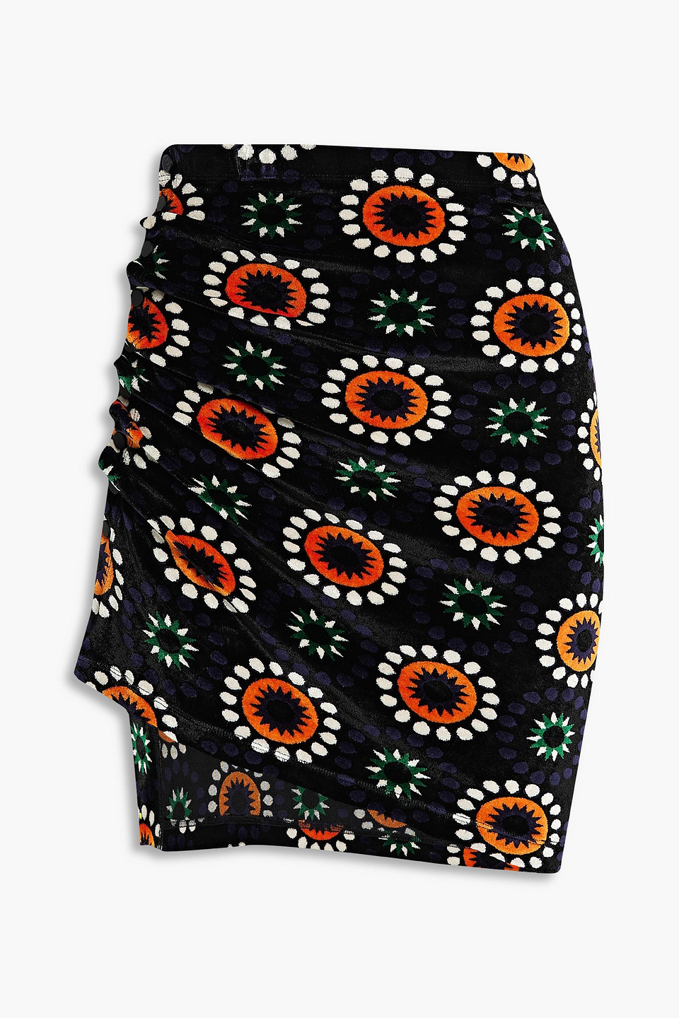 Snap-detailed printed velour mini skirt