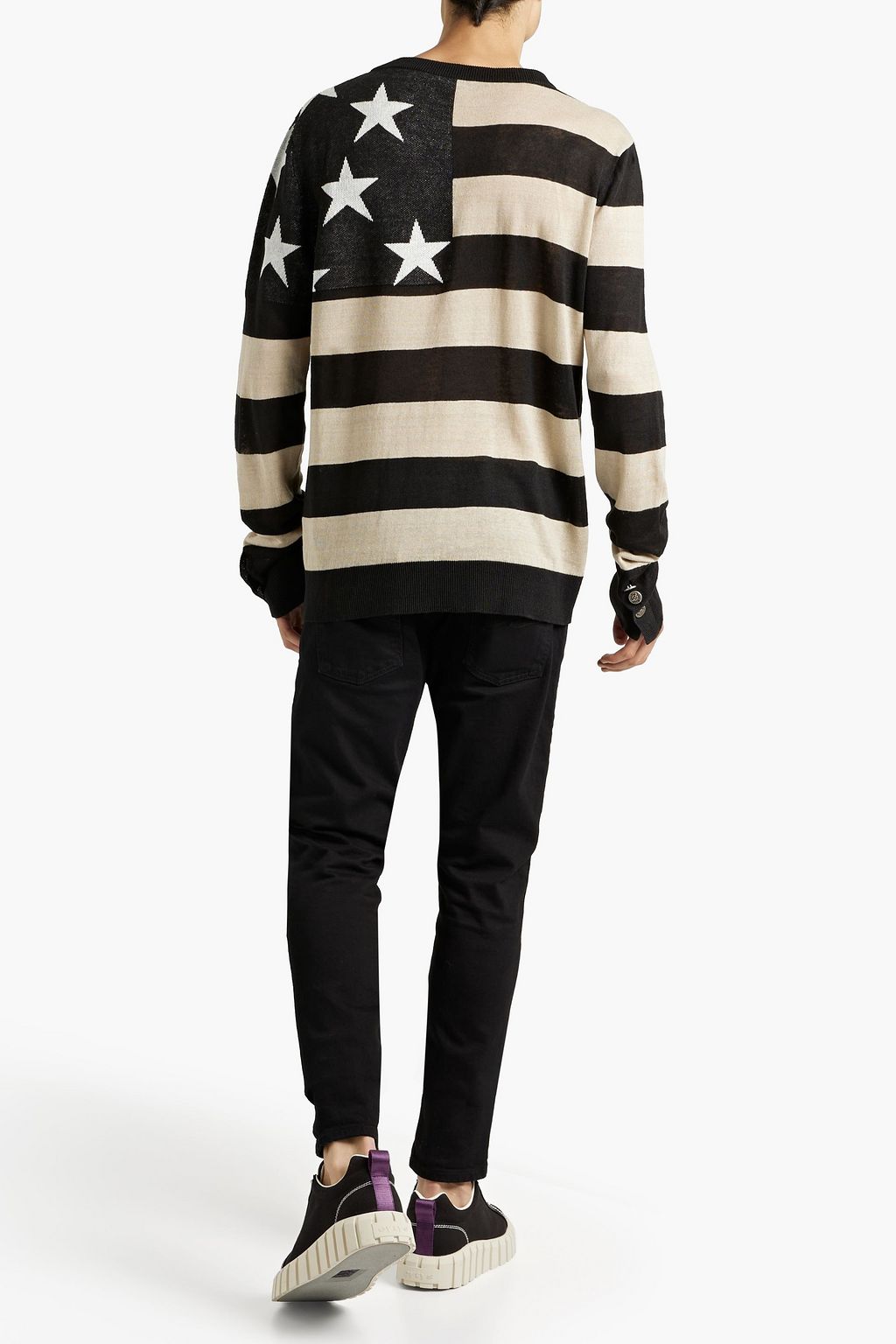 BALMAIN Jacquard knit-paneled striped linen sweater
