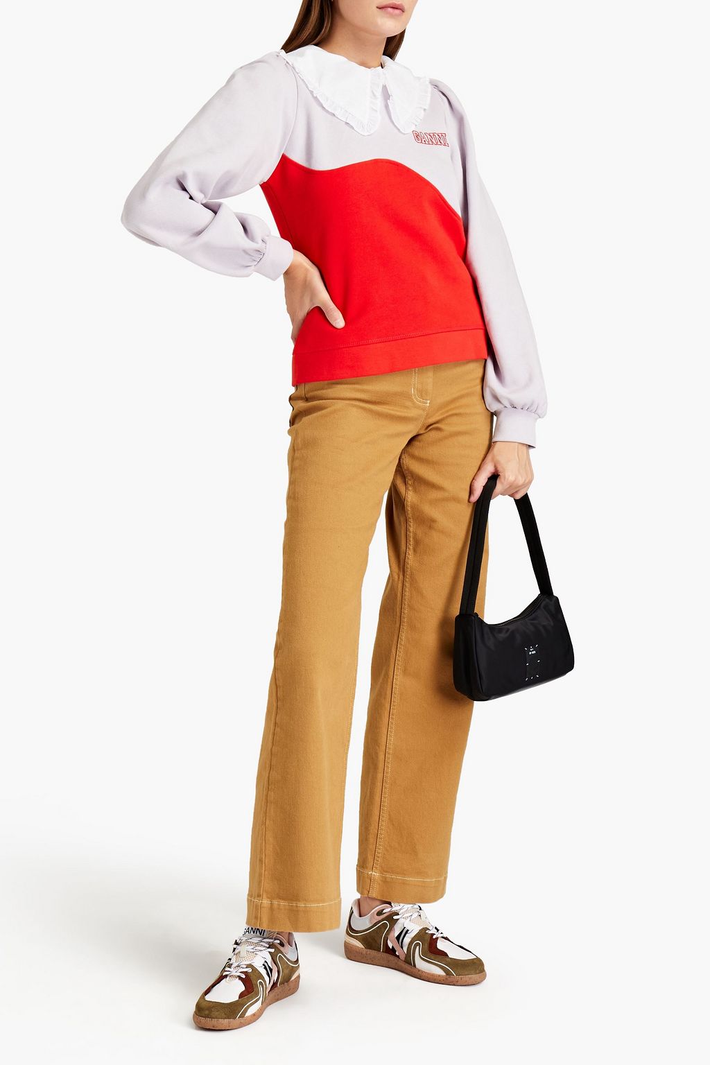 GANNI Embroidered two-tone organic cotton-fleece sweatshirt