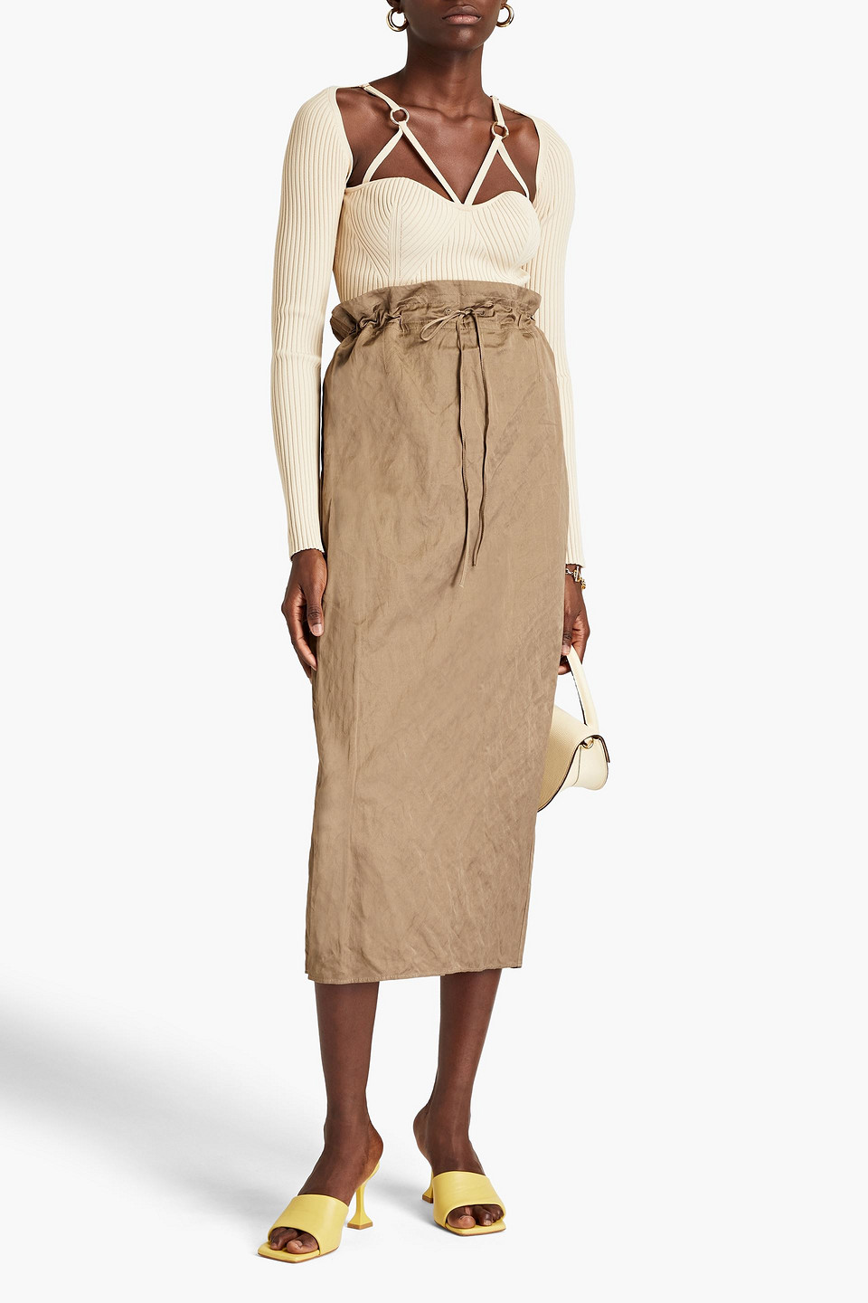 Jacquemus Crinkled Satin-crepe Midi Skirt In Brown