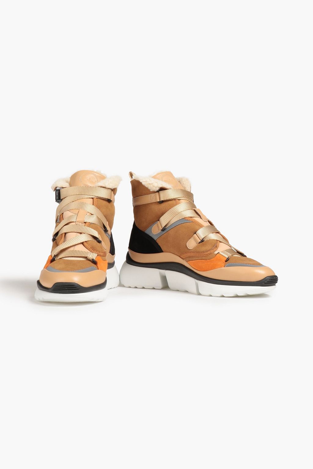CHLOÉ Leather-trimmed shearling high-top sneakers