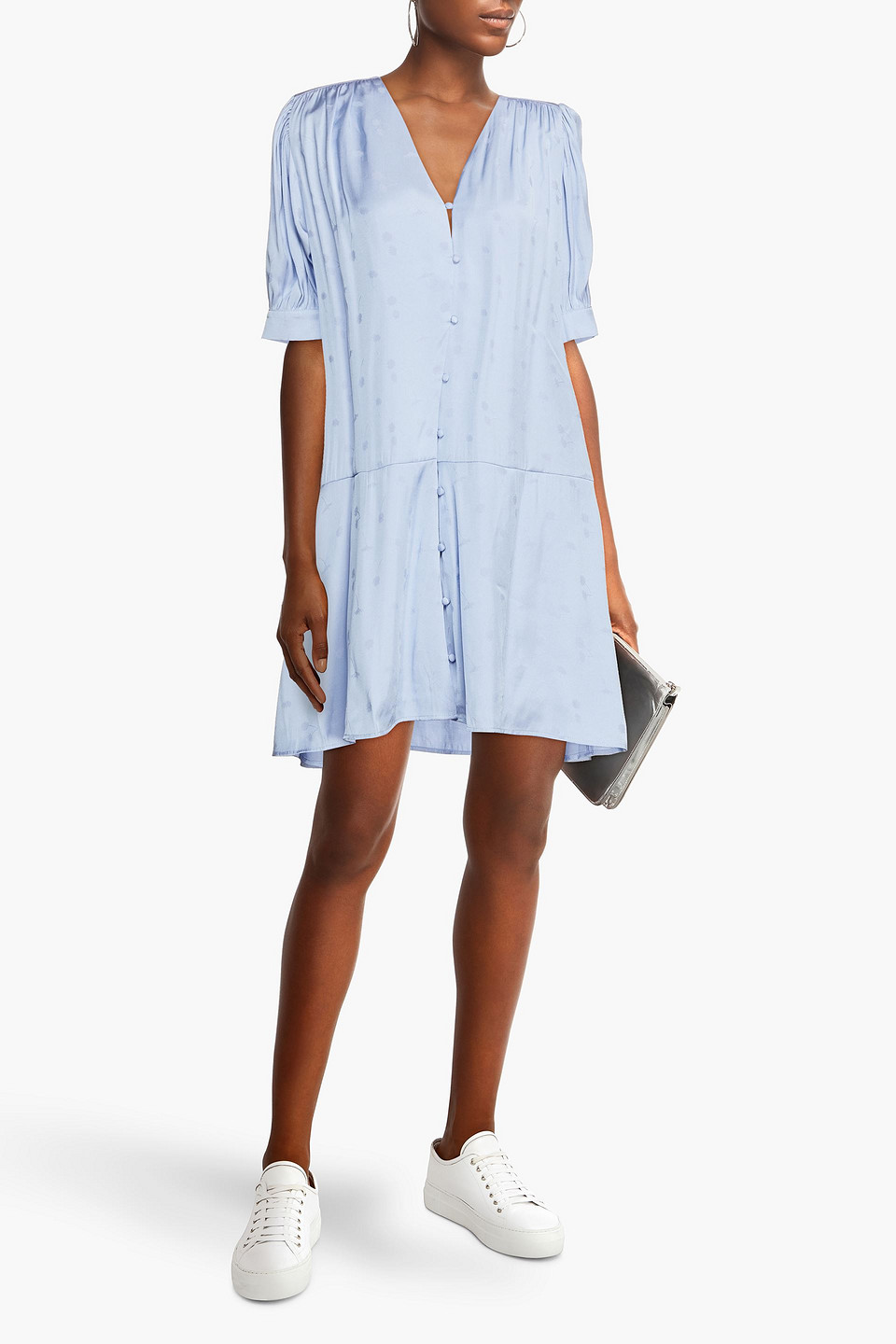 Samsoe & Samsoe Gathered Satin-jacquard Mini Dress In Blue