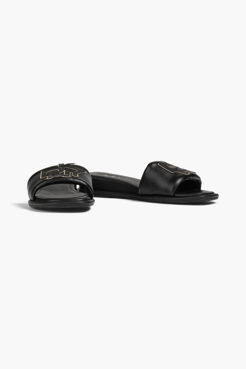 Dkny Logo-appliquéd Leather Slides In Black