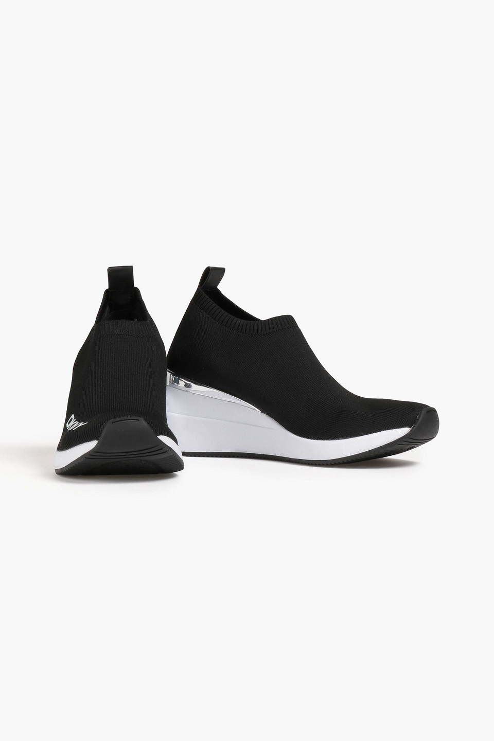 Dkny Logo-print Stretch-knit Wedge Trainers In Black