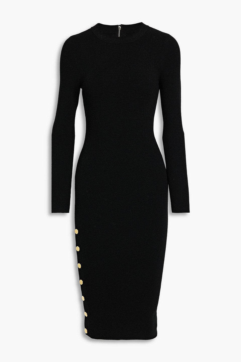 Alice And Olivia Jenner Snap-detailed Ribbed Wool-blend Midi Dress In Black