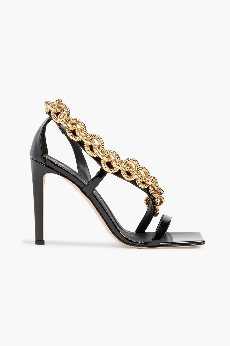 Chain-trimmed patent-leather sandals