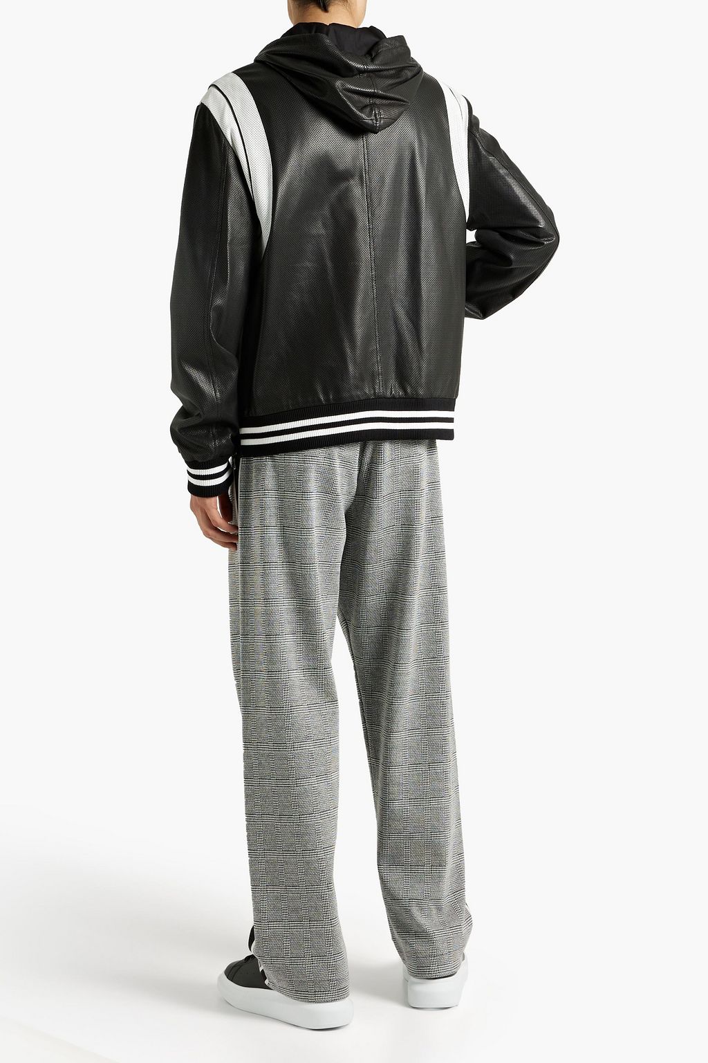 BALMAIN Two-tone perforated leather hooded bomber jacket
