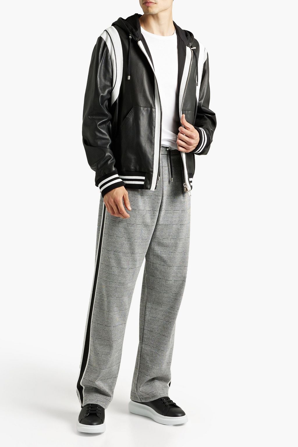 BALMAIN Two-tone perforated leather hooded bomber jacket