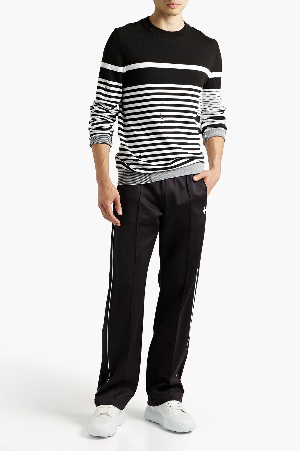 BALMAIN Distressed striped cotton sweater