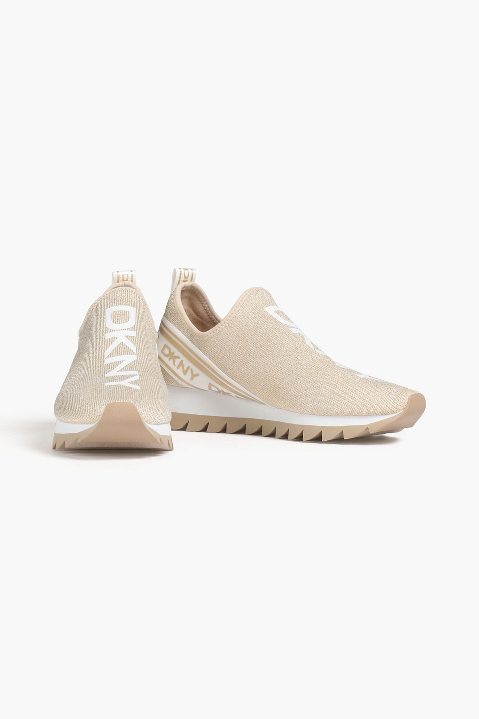 Dkny Logo-appliquéd Metallic Printed Stretch-knit Trainers